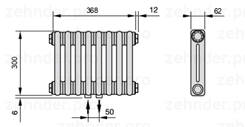 Схема (чертеж) Радиатор Zehnder Charleston 2030/8 №3470 Белый глянцевый RAL 9016